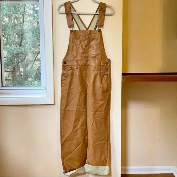 NWT Free People Ziggy Overalls Jumpsuit Vegan Leather Camel Brown - Picture 4 of 8